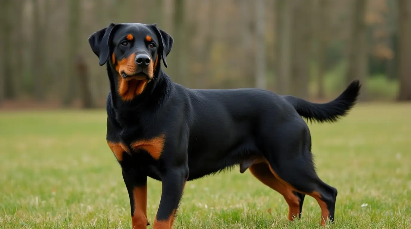 Chien Rottweiler adulte dans un parc, symbolisant la loyauté et la puissance de cette race.