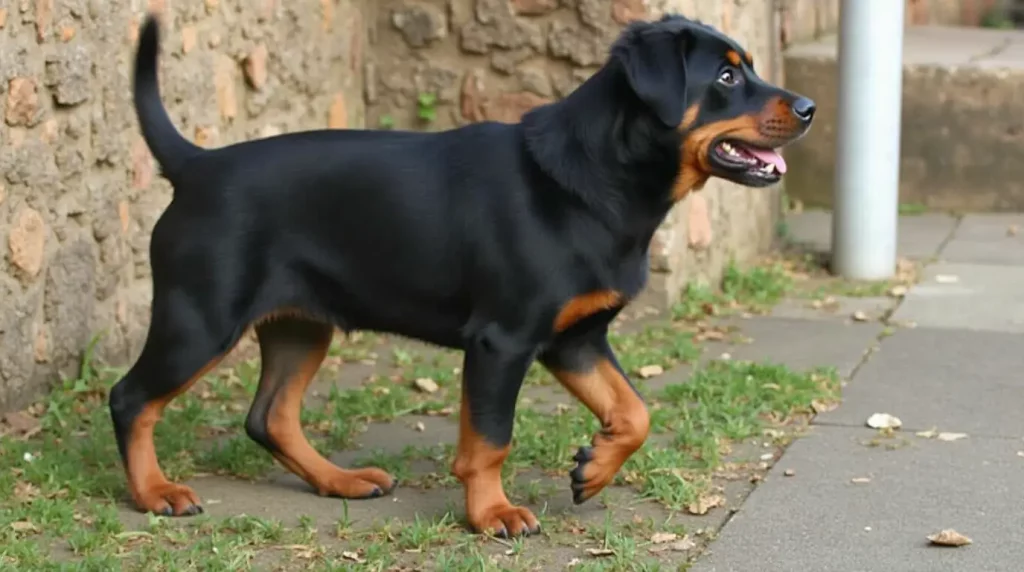 Chiot Rottweiler en pleine croissance, prêt pour une éducation et socialisation précoce.