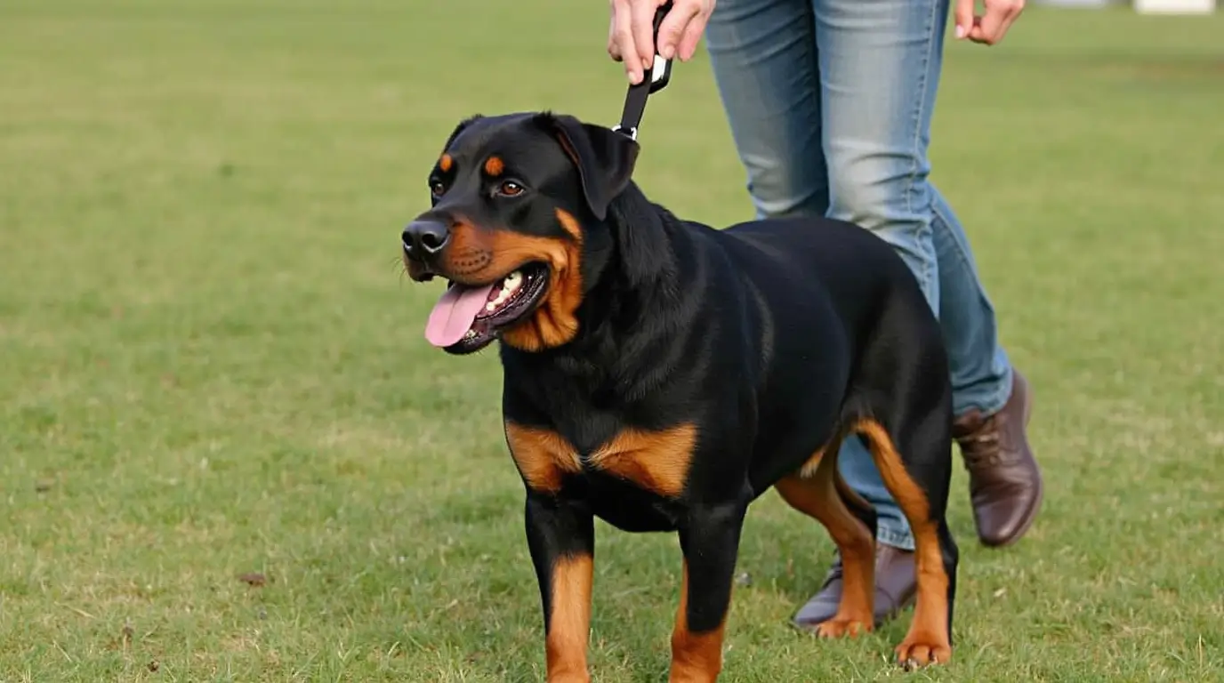 Rottweiler en pleine séance d'entraînement obéissance avec son maître.