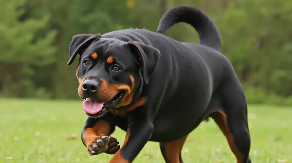 Rottweiler en séance d'entraînement, montrant un comportement calme et maîtrisé.